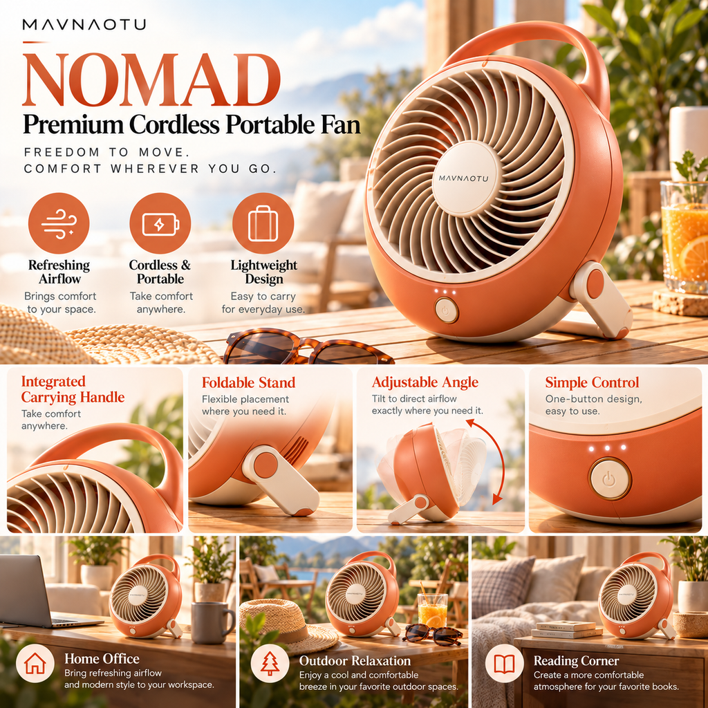 MAVNAOTU NOMAD Premium Cordless Portable Fan – Modern Coral Orange Design for Refreshing Comfort Anywhere
