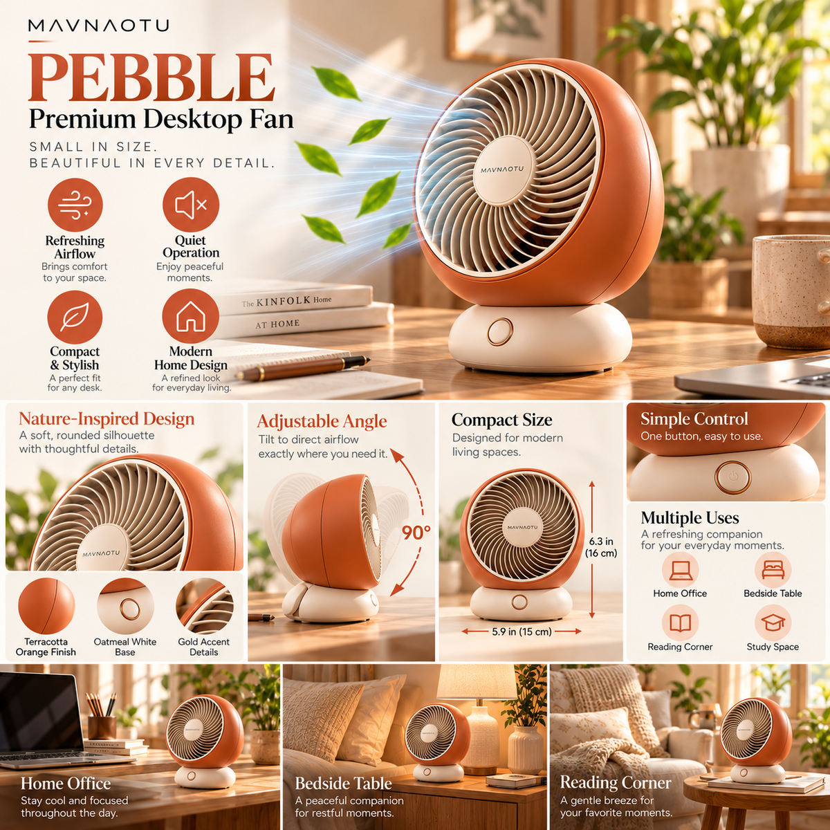 MAVNAOTU PEBBLE Premium Desktop Fan – Compact Rounded Design in Terracotta Orange for Personal Everyday Comfort
