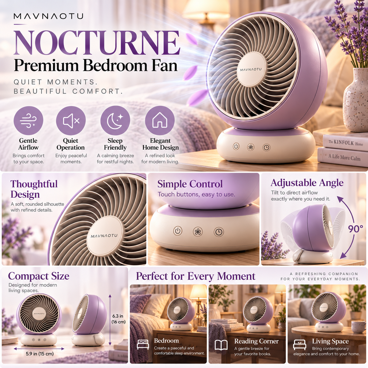 MAVNAOTU NOCTURNE Premium Bedroom Fan – Elegant Lavender Design for Peaceful Nights & Everyday Comfort