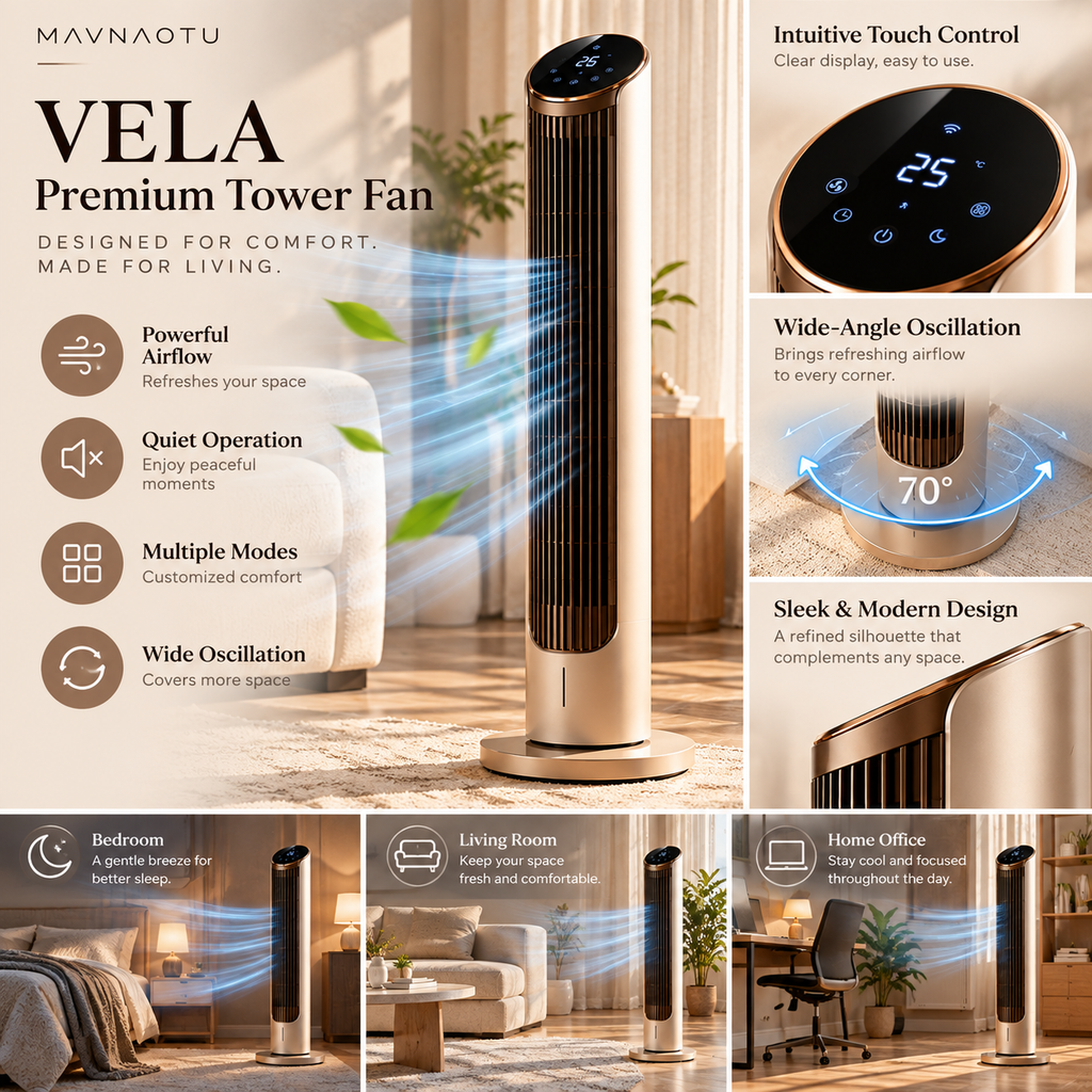 MAVNAOTU VELA Premium Tower Fan – Elegant Modern Design for Everyday Comfort