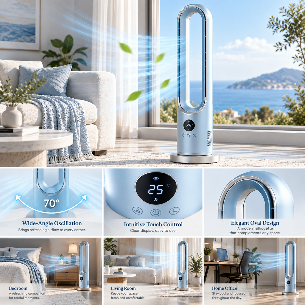 MAVNAOTU AERO Premium Bladeless-Style Fan – Modern Oval Design for Effortless Everyday Comfort