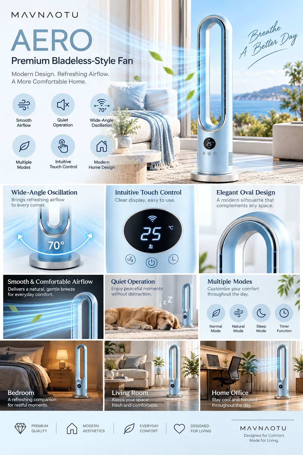 MAVNAOTU AERO Premium Bladeless-Style Fan – Modern Oval Design for Effortless Everyday Comfort