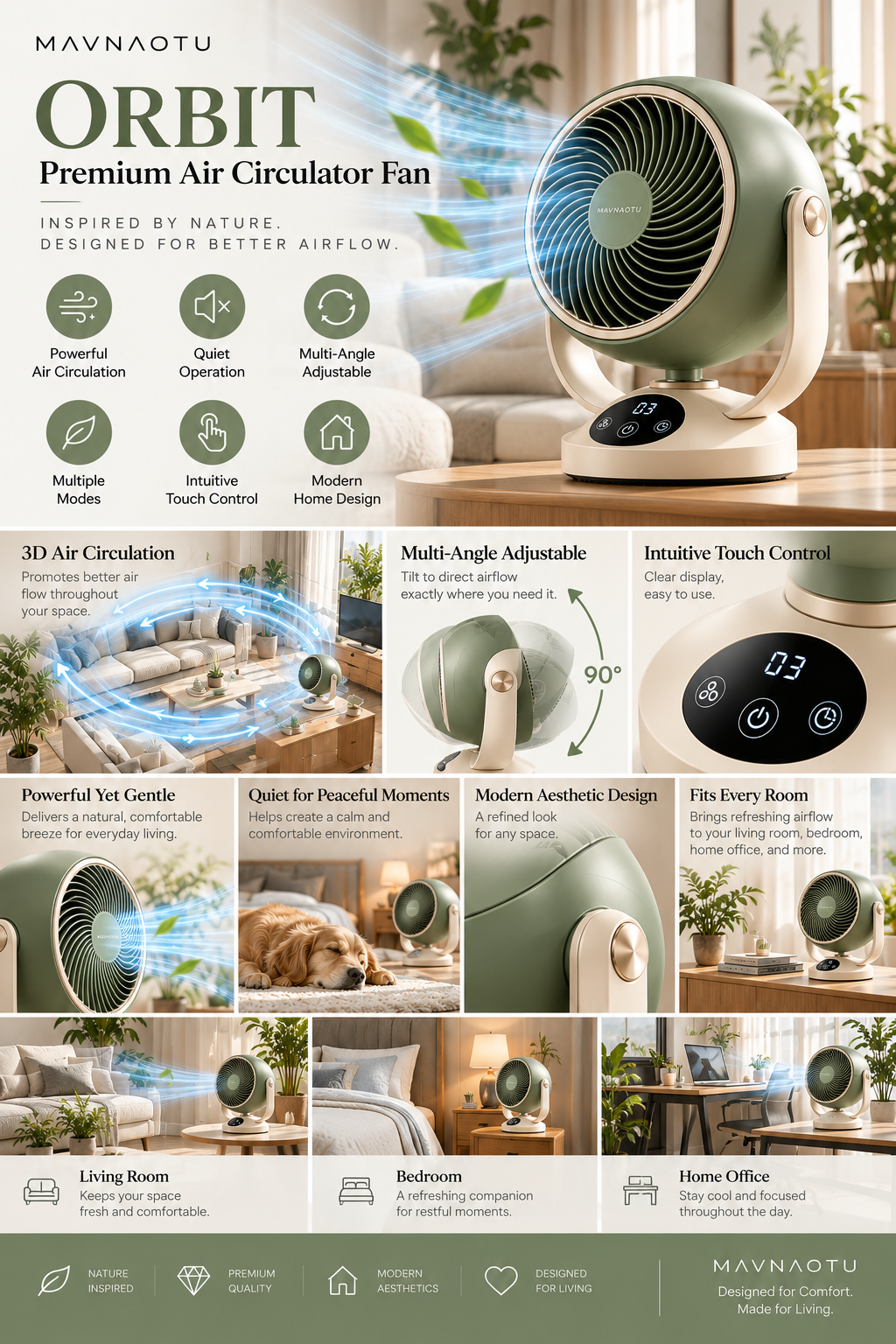 MAVNAOTU ORBIT Premium Air Circulator Fan – Modern Spherical Design for Refreshing Whole-Room Airflow