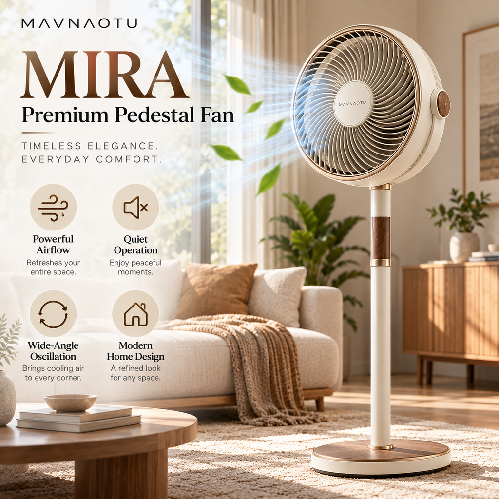 MAVNAOTU MIRA Premium Pedestal Fan – Elegant Modern Design with Walnut Wood Accents for Everyday Comfort