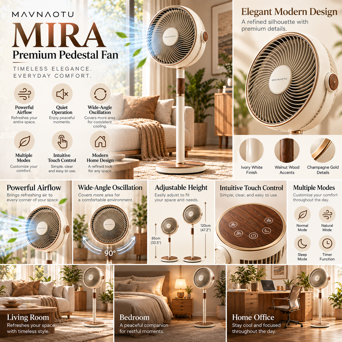MAVNAOTU MIRA Premium Pedestal Fan – Elegant Modern Design with Walnut Wood Accents for Everyday Comfort