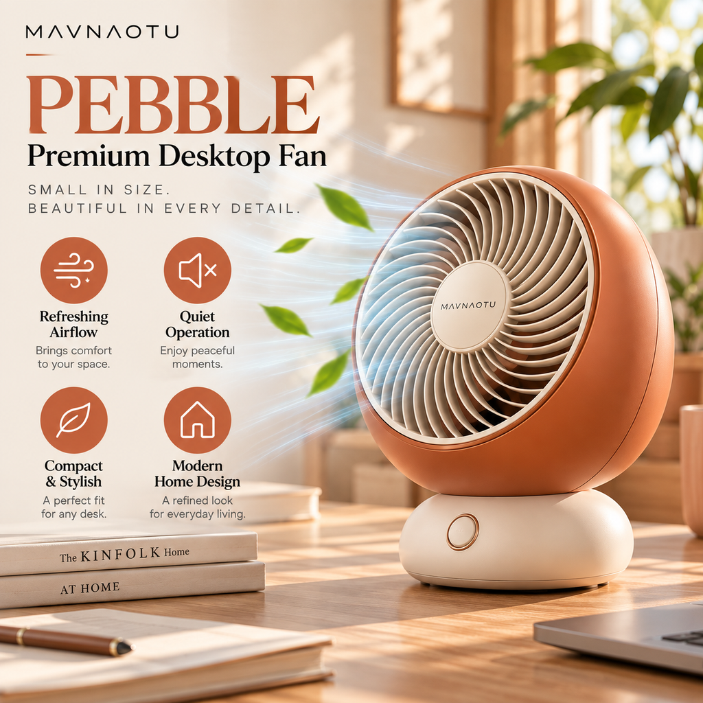 MAVNAOTU PEBBLE Premium Desktop Fan – Compact Rounded Design in Terracotta Orange for Personal Everyday Comfort