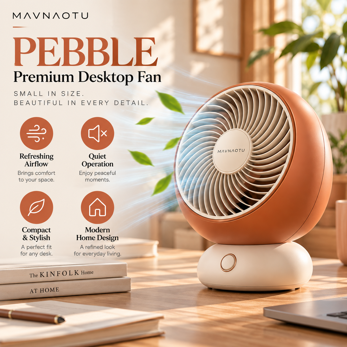 MAVNAOTU PEBBLE Premium Desktop Fan – Compact Rounded Design in Terracotta Orange for Personal Everyday Comfort