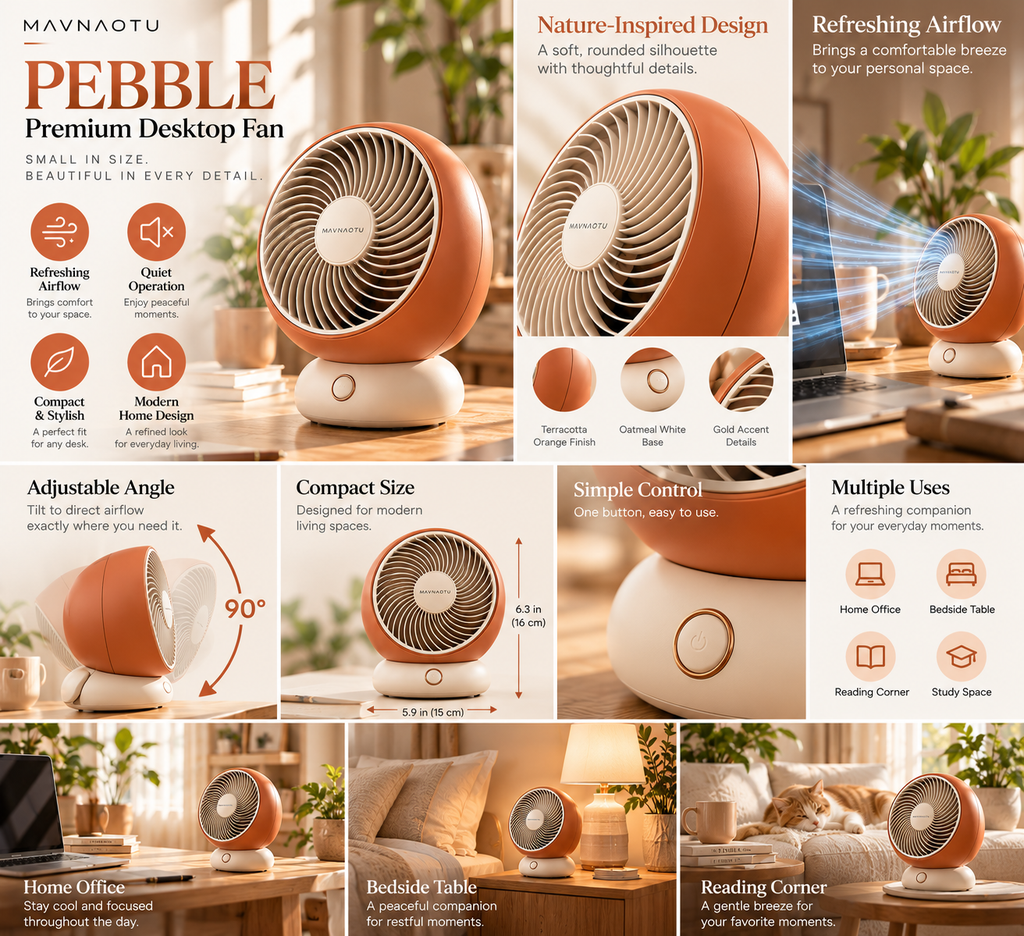 MAVNAOTU PEBBLE Premium Desktop Fan – Compact Rounded Design in Terracotta Orange for Personal Everyday Comfort