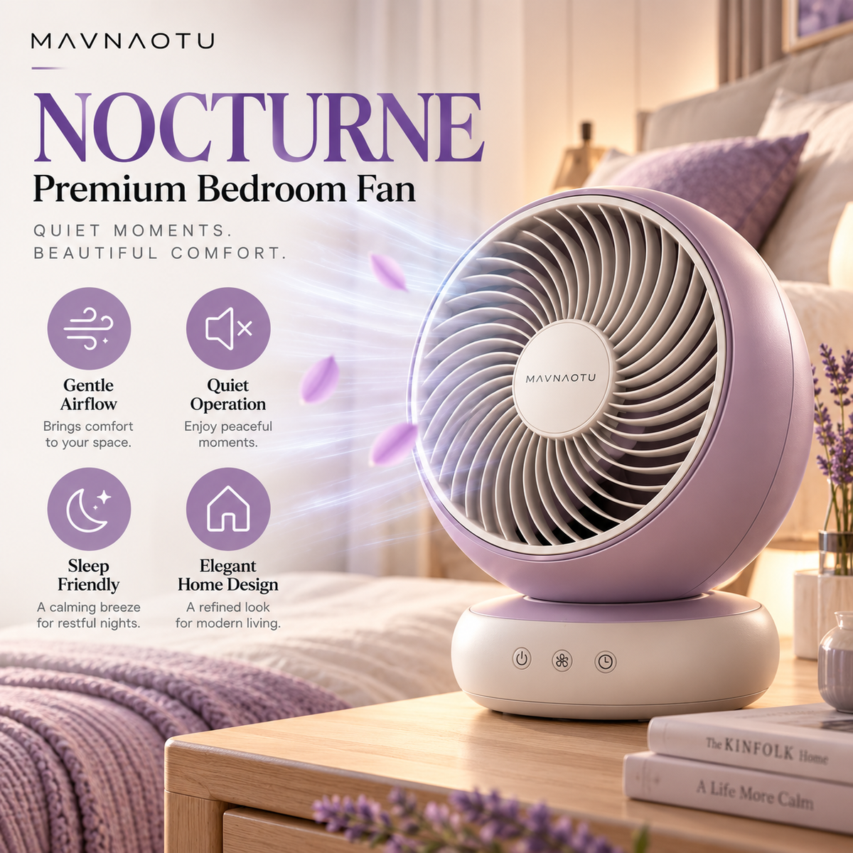 MAVNAOTU NOCTURNE Premium Bedroom Fan – Elegant Lavender Design for Peaceful Nights & Everyday Comfort