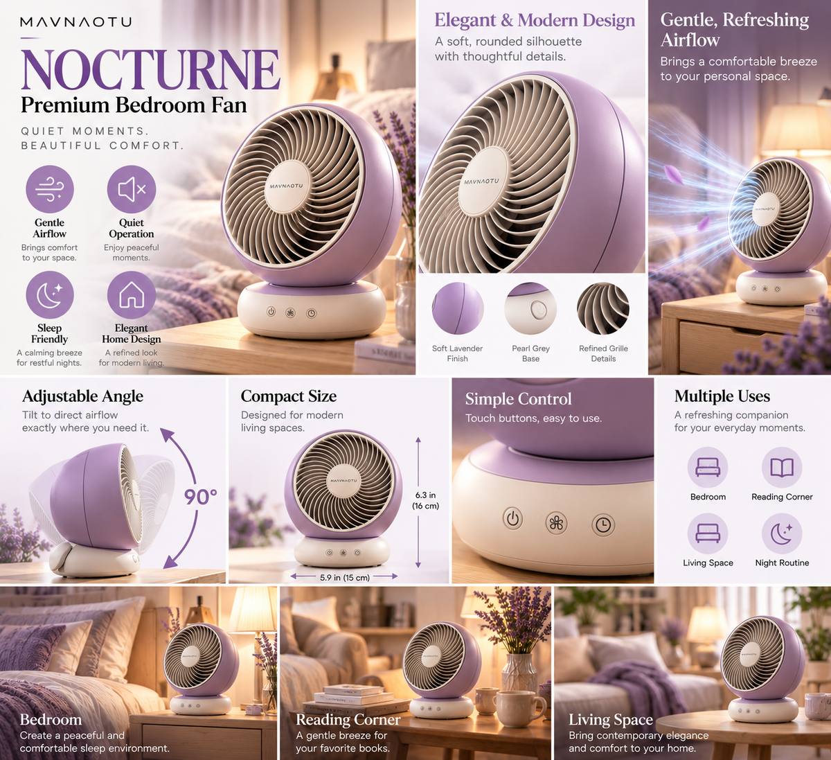 MAVNAOTU NOCTURNE Premium Bedroom Fan – Elegant Lavender Design for Peaceful Nights & Everyday Comfort