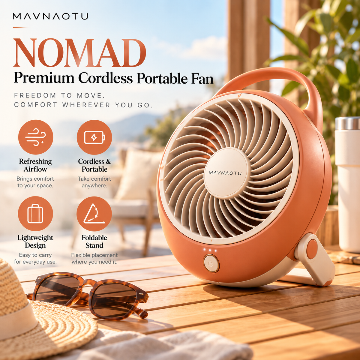 MAVNAOTU NOMAD Premium Cordless Portable Fan – Modern Coral Orange Design for Refreshing Comfort Anywhere