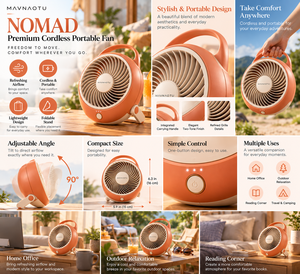 MAVNAOTU NOMAD Premium Cordless Portable Fan – Modern Coral Orange Design for Refreshing Comfort Anywhere