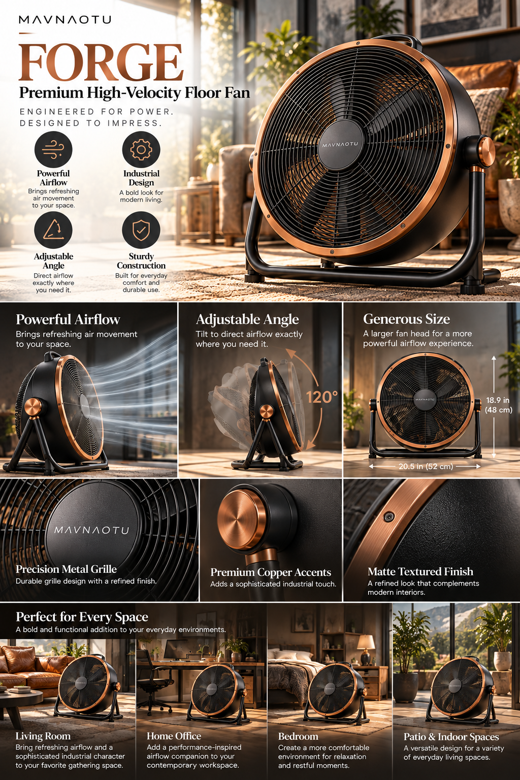 MAVNAOTU FORGE Premium High-Velocity Floor Fan – Industrial Graphite Design with Powerful Airflow