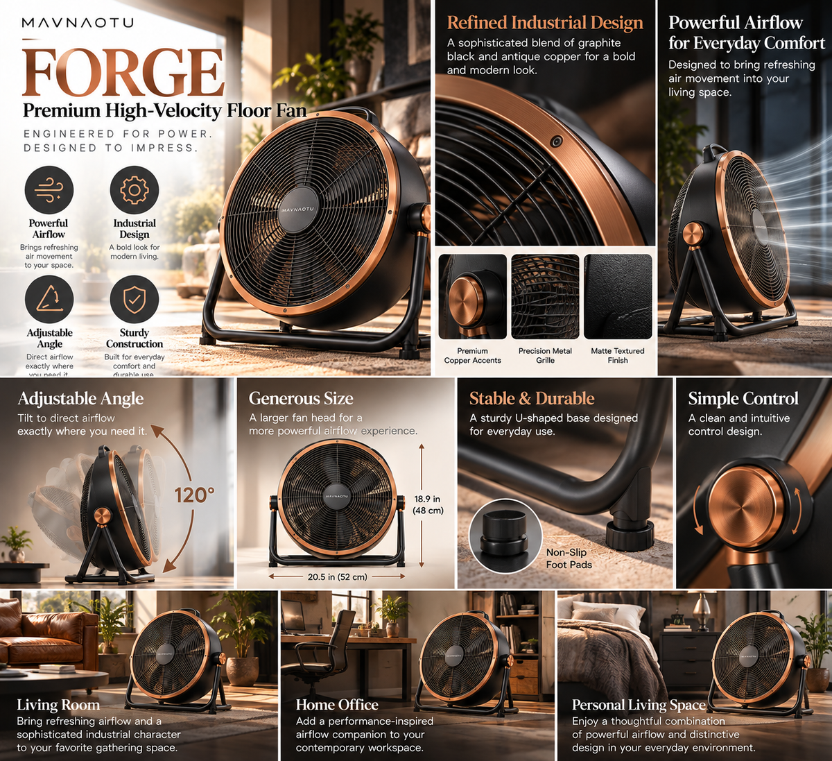 MAVNAOTU FORGE Premium High-Velocity Floor Fan – Industrial Graphite Design with Powerful Airflow