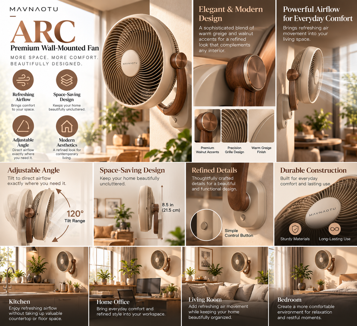 MAVNAOTU ARC Premium Wall-Mounted Fan – Elegant Space-Saving Design with Walnut Accents for Modern Living