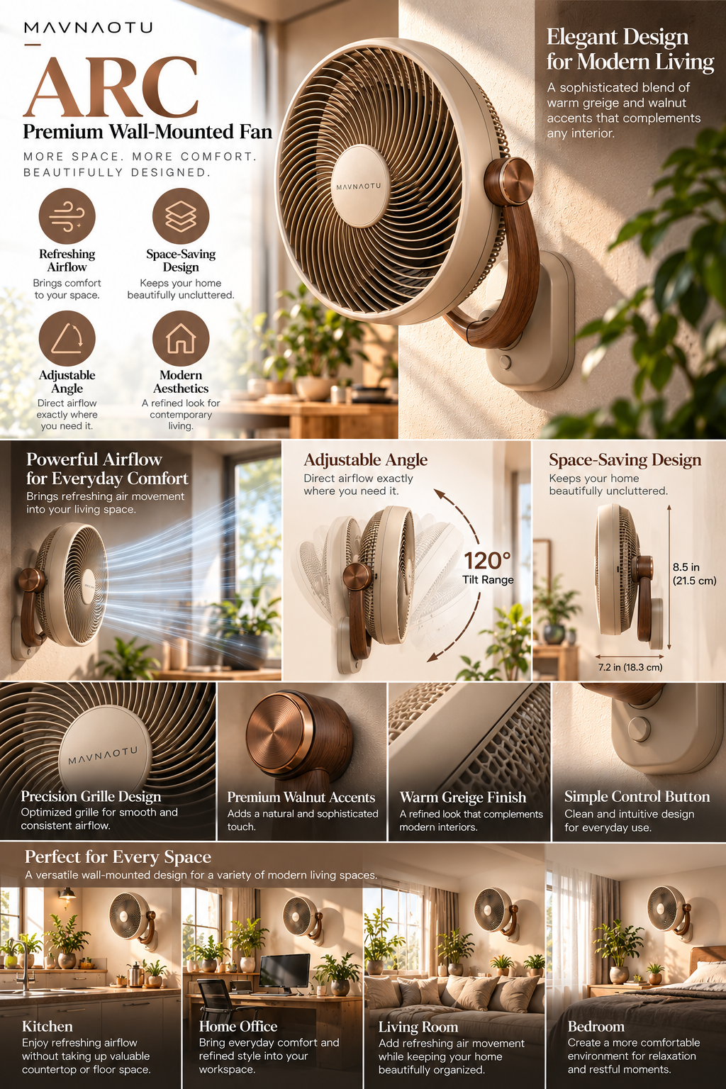 MAVNAOTU ARC Premium Wall-Mounted Fan – Elegant Space-Saving Design with Walnut Accents for Modern Living
