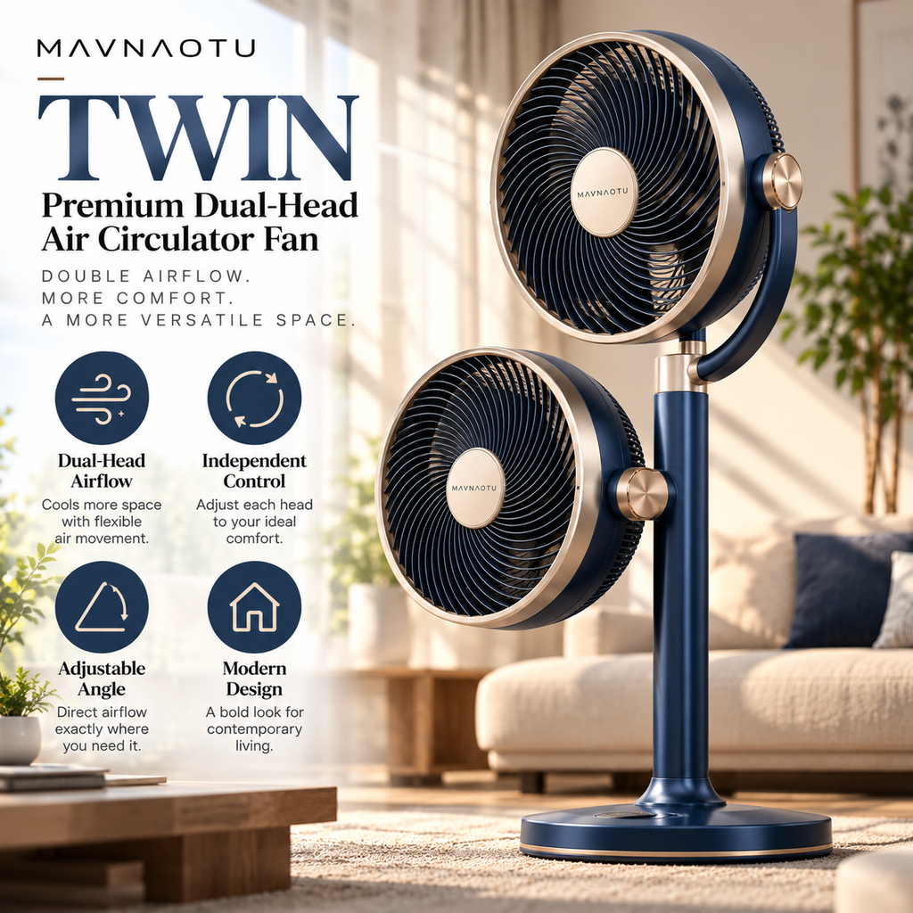 MAVNAOTU TWIN Premium Dual-Head Air Circulator Fan – Modern Cobalt Blue Design for Flexible Dual Airflow Comfort