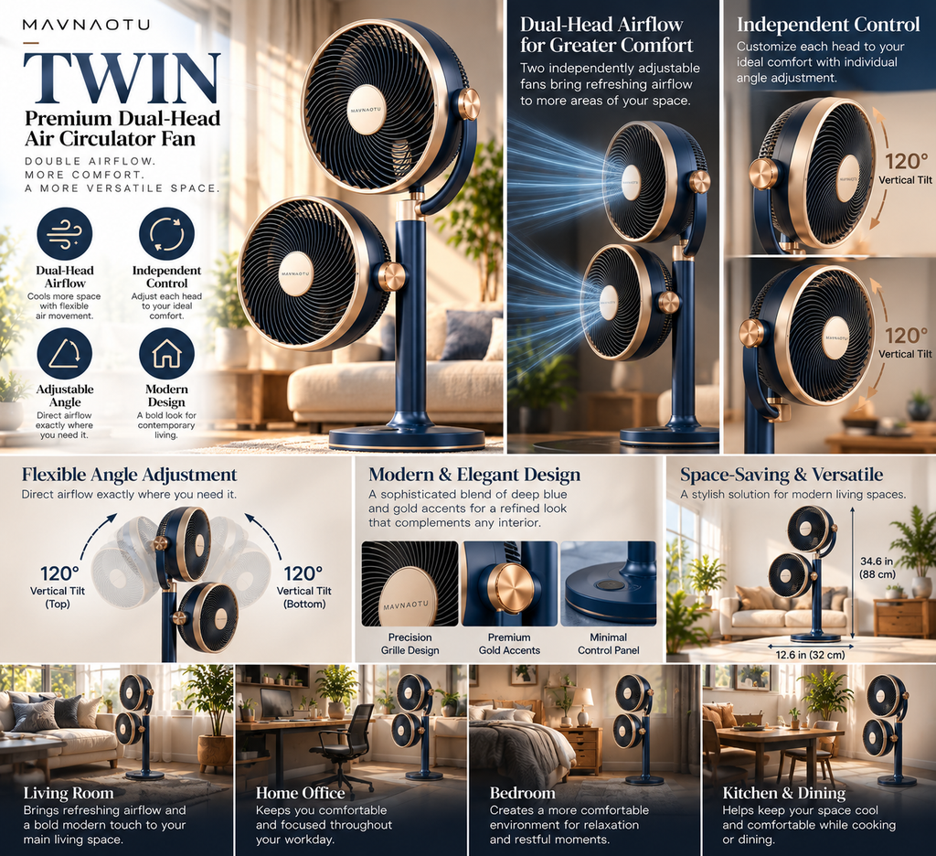 MAVNAOTU TWIN Premium Dual-Head Air Circulator Fan – Modern Cobalt Blue Design for Flexible Dual Airflow Comfort