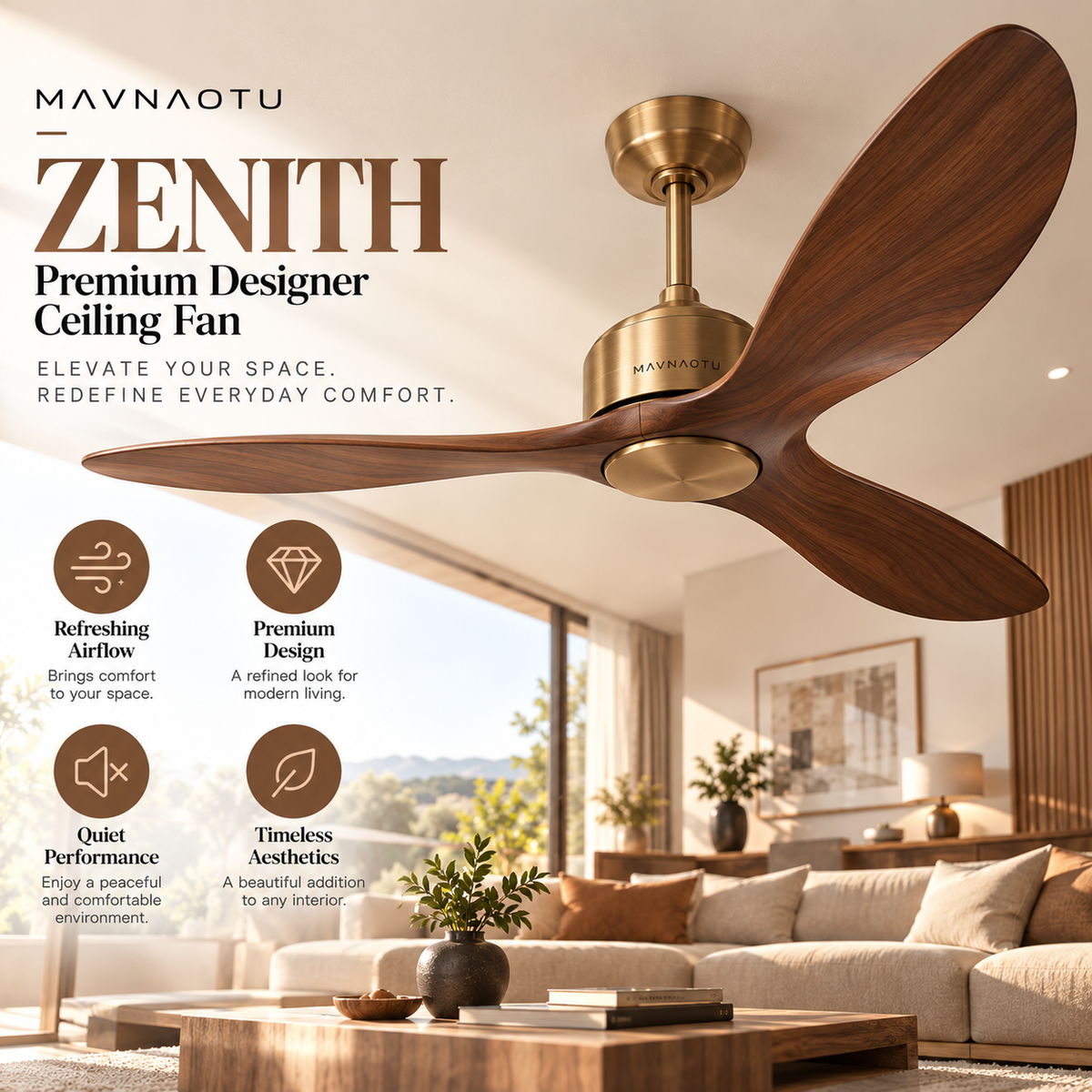 MAVNAOTU ZENITH Premium Designer Ceiling Fan – Elegant 3-Blade Walnut Wood Design with Antique Brass Accents for Modern Living