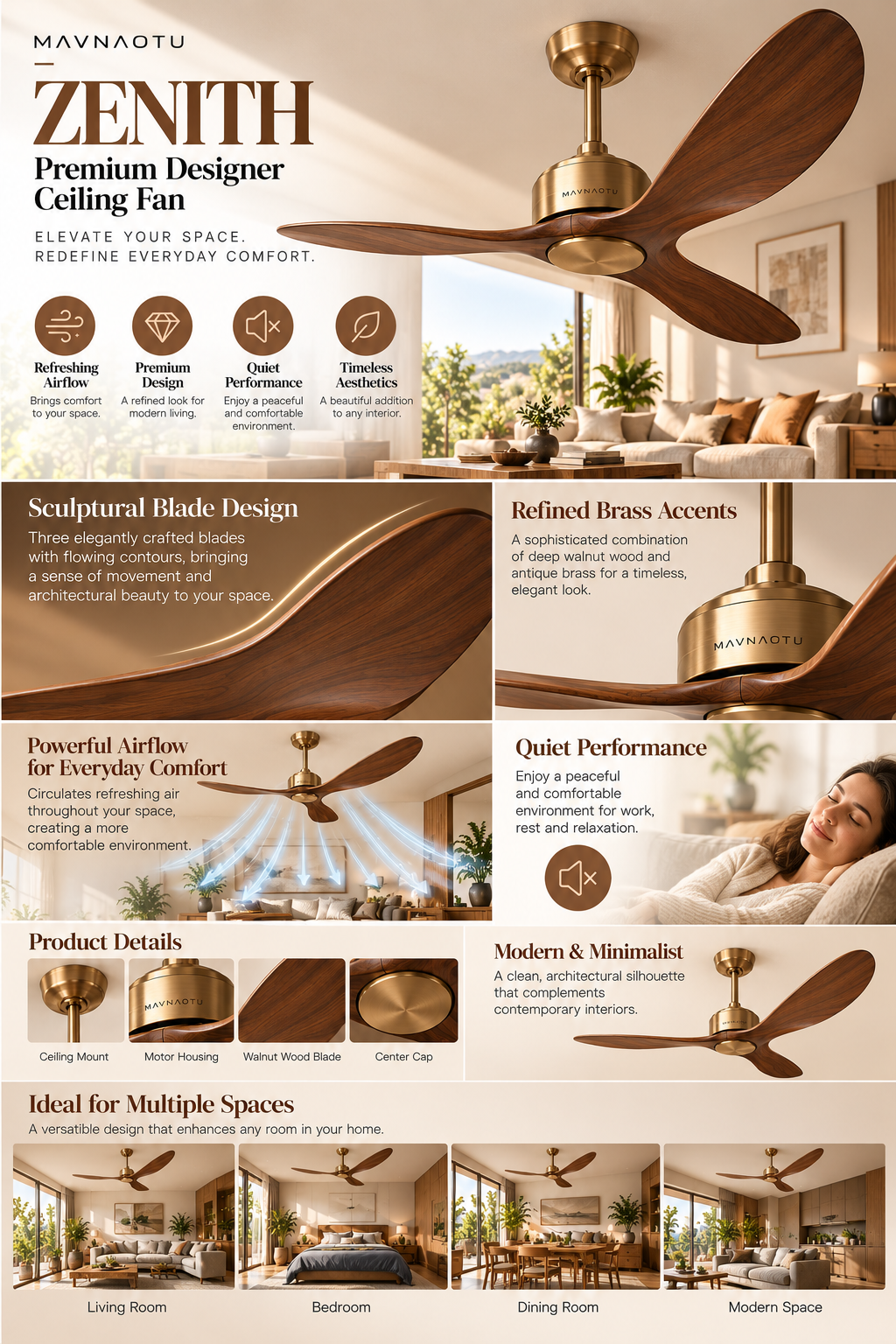 MAVNAOTU ZENITH Premium Designer Ceiling Fan – Elegant 3-Blade Walnut Wood Design with Antique Brass Accents for Modern Living