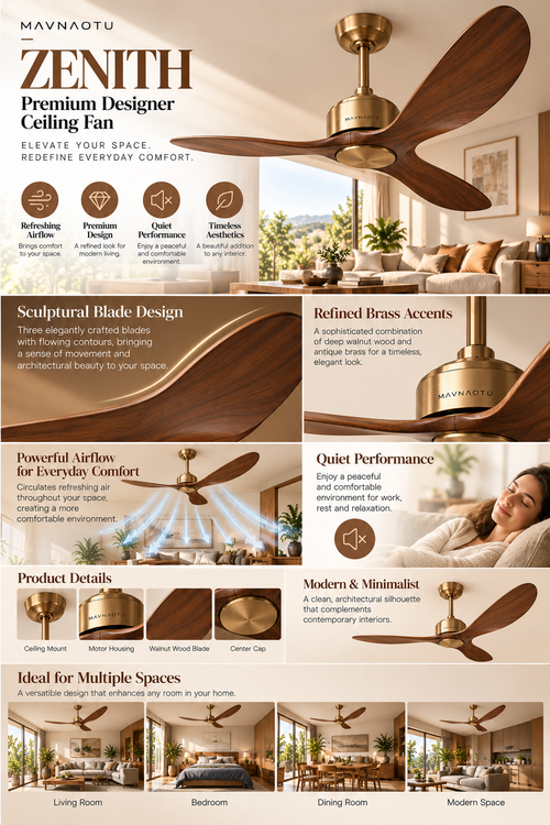 MAVNAOTU ZENITH Premium Designer Ceiling Fan – Elegant 3-Blade Walnut Wood Design with Antique Brass Accents for Modern Living