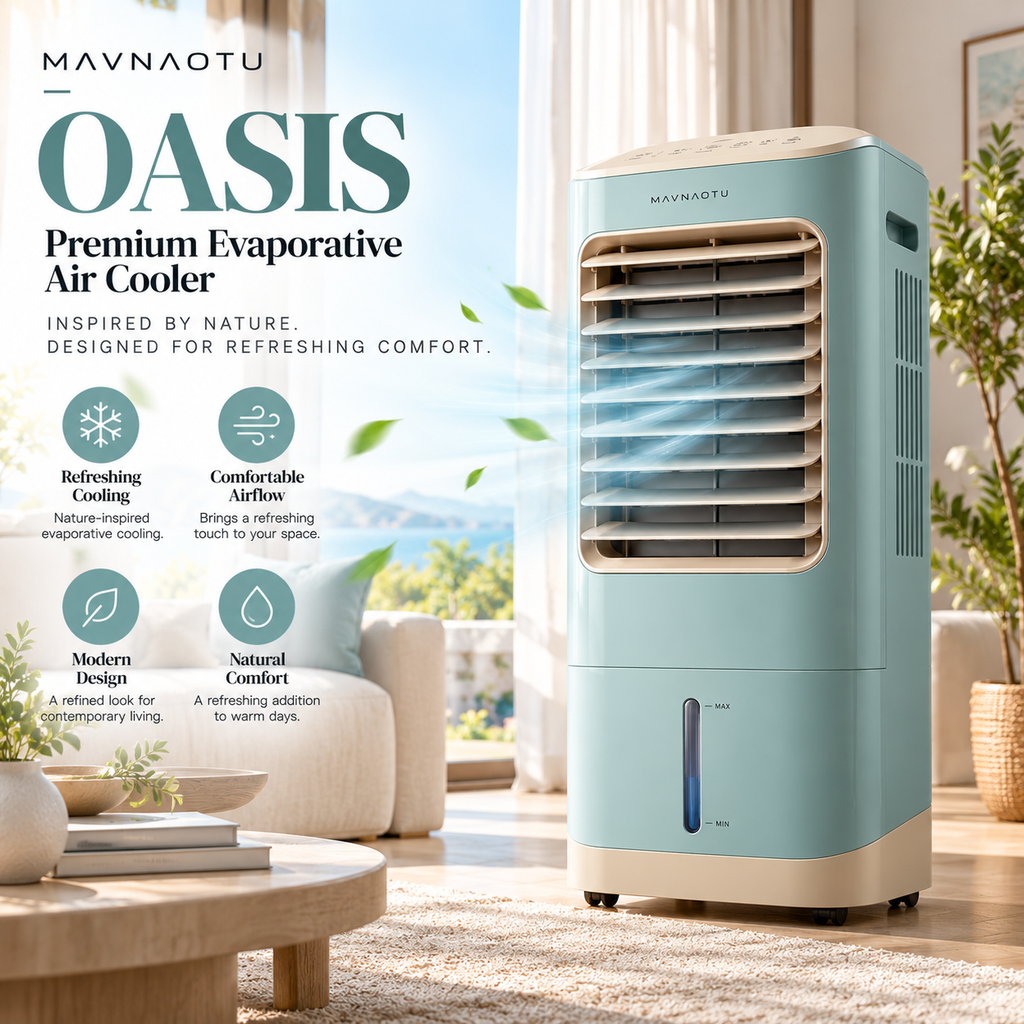 MAVNAOTU OASIS Premium Evaporative Air Cooler – Modern Aqua Blue Design for Refreshing Summer Comfort