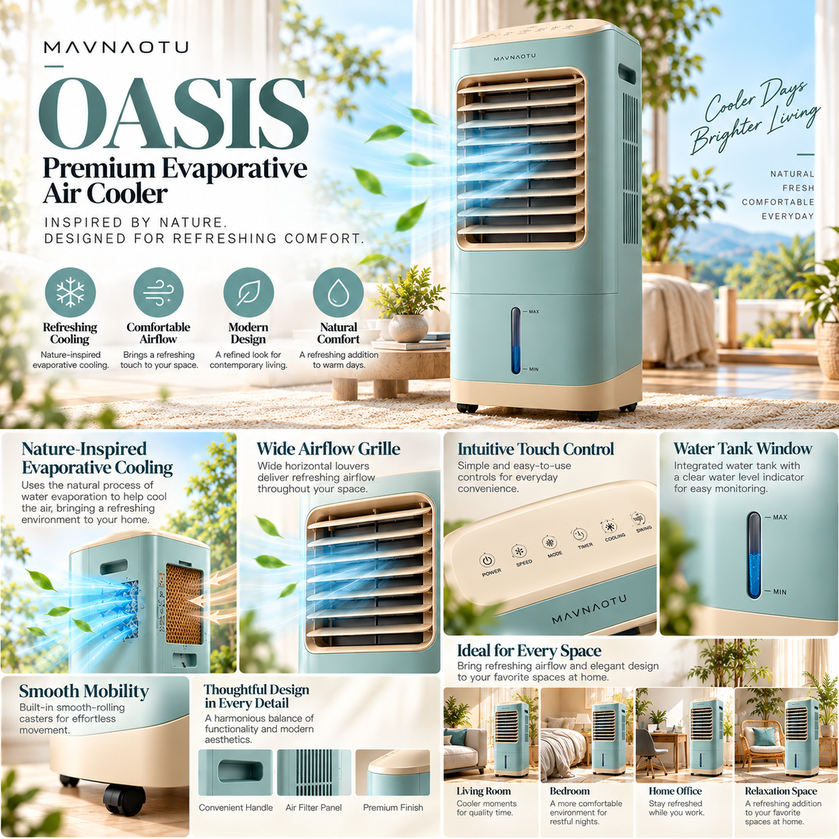 MAVNAOTU OASIS Premium Evaporative Air Cooler – Modern Aqua Blue Design for Refreshing Summer Comfort