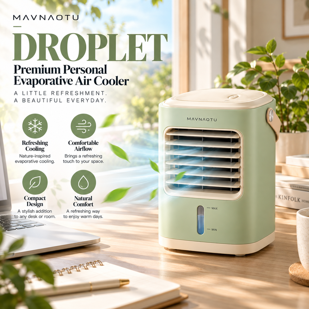 MAVNAOTU DROPLET Premium Personal Evaporative Air Cooler – Compact Pistachio Green Design for Refreshing Desktop Comfort