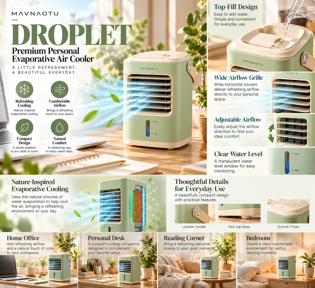 MAVNAOTU DROPLET Premium Personal Evaporative Air Cooler – Compact Pistachio Green Design for Refreshing Desktop Comfort