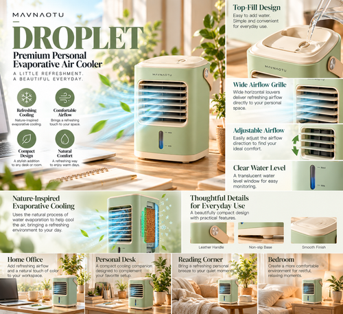 MAVNAOTU DROPLET Premium Personal Evaporative Air Cooler – Compact Pistachio Green Design for Refreshing Desktop Comfort