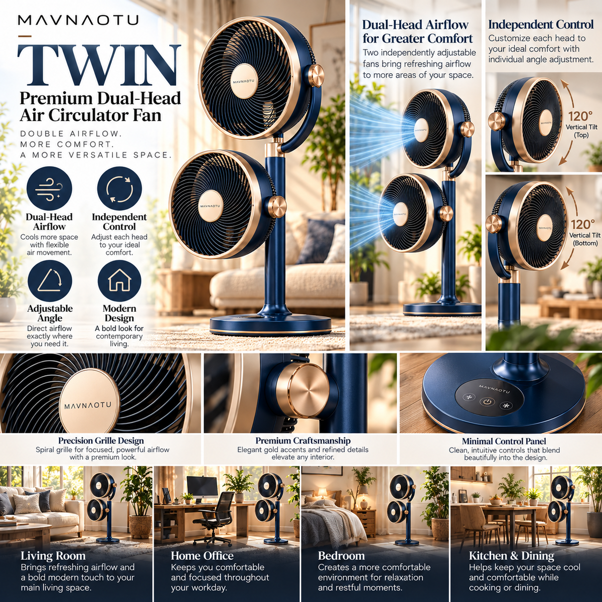 MAVNAOTU TWIN Premium Dual-Head Air Circulator Fan – Modern Cobalt Blue Design for Flexible Dual Airflow Comfort